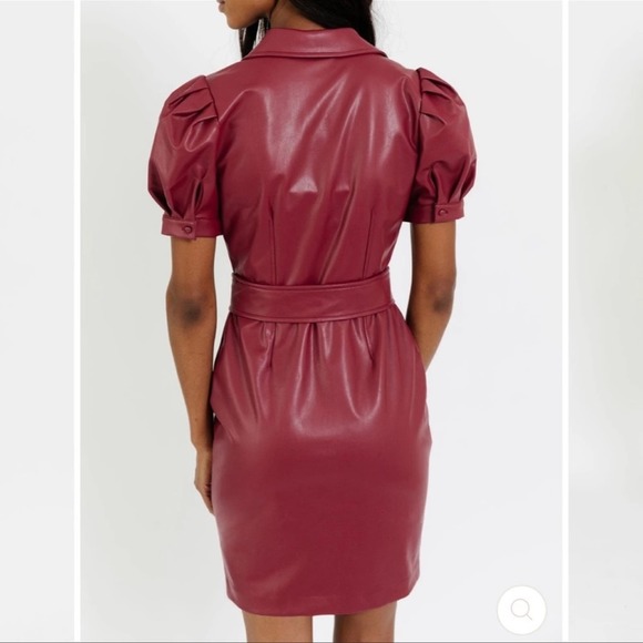 Rachel Parcell Red Vegan Leather Puff Sleeve Belted Collared Dress Size XXS NWT - Picture 3 of 8